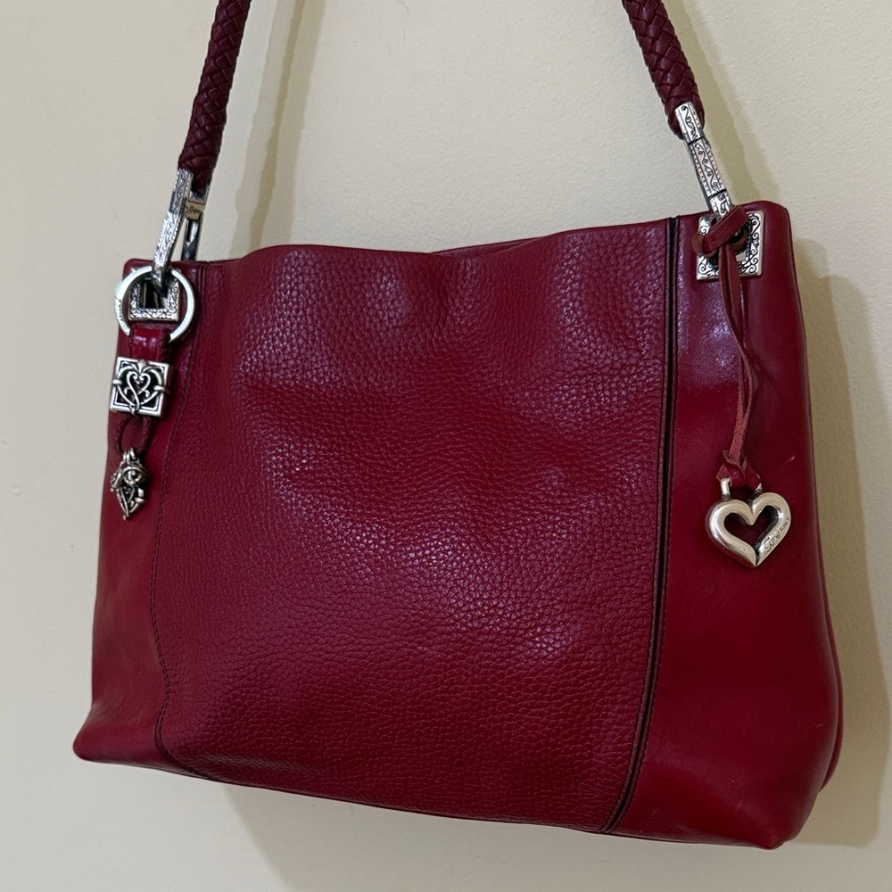 Brighton Red Pebbled Shoulder Bag Braided Strap Silver HW Heart Charm